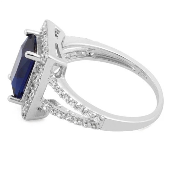 Blue Sapphire Rectangular Halo CZ Ring - Picture 5 of 5
